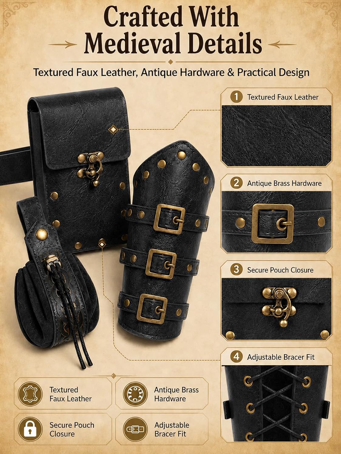 Renaissance Medieval Belt with Bracers - Renaissance Accessories Set