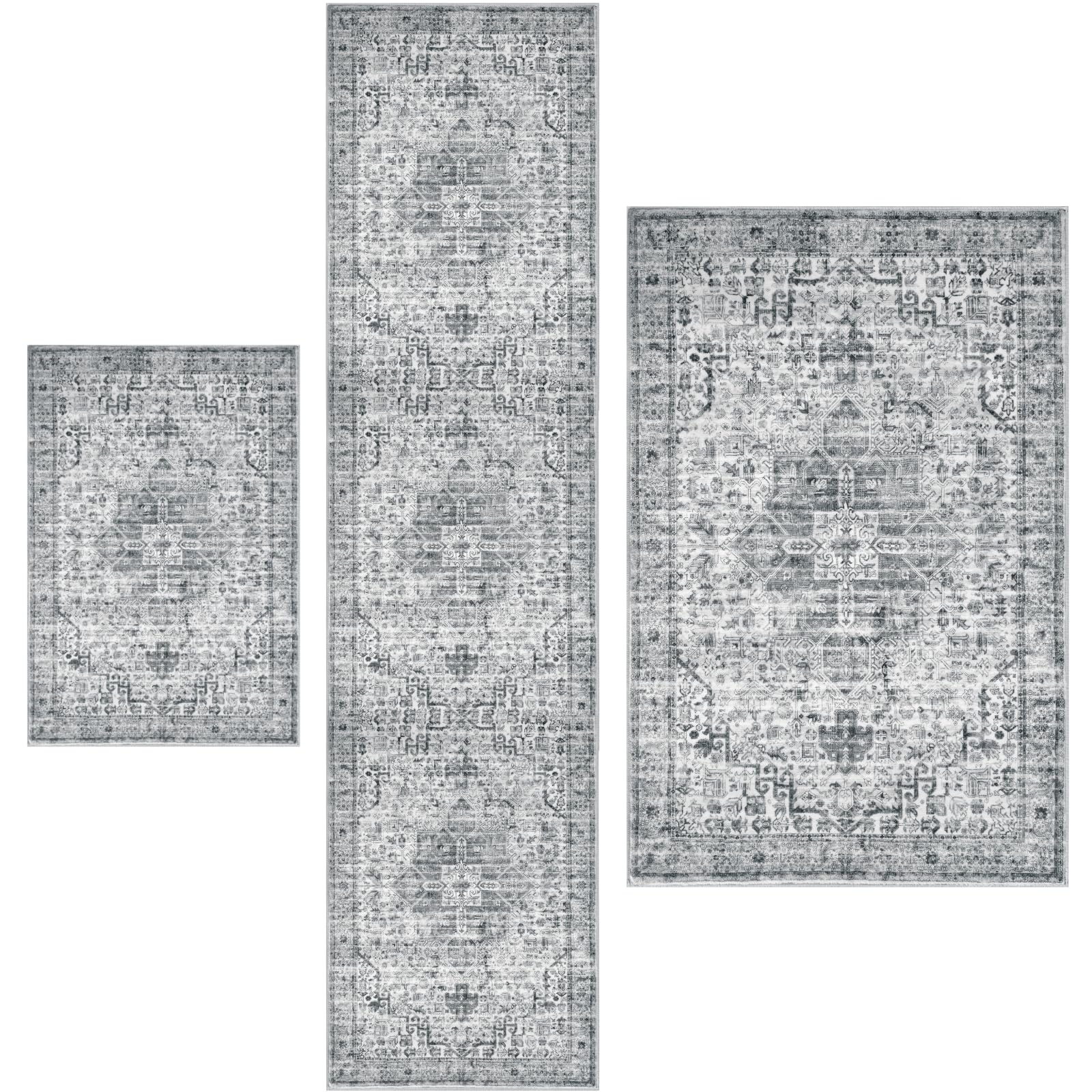 Siiloom Grey Washable Rug Set of 3 – 2x3, 2x8 and 3x5 Vintage Boho Area Rug and Runner, Soft Non Slip Rugs for Entryway, Foyer, Bathroom