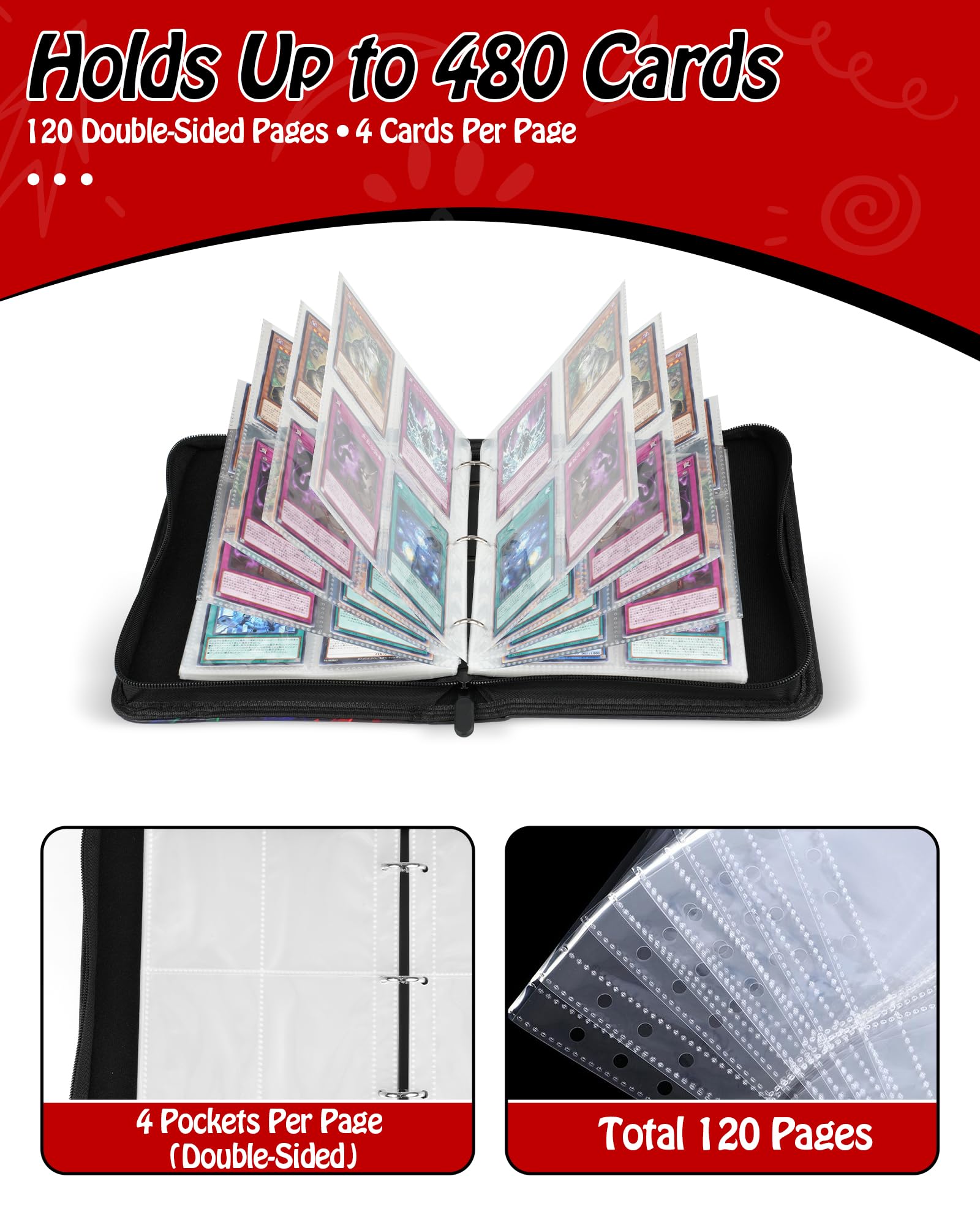 Raccoglitore di carte collezionabili di alta qualità da 400 carte – in pelle PU antiurto album a 3 anelli con 50 maniche bifacciali, tasche trasparenti ispessite per Pokémon, MTG, carte sportive e TCG