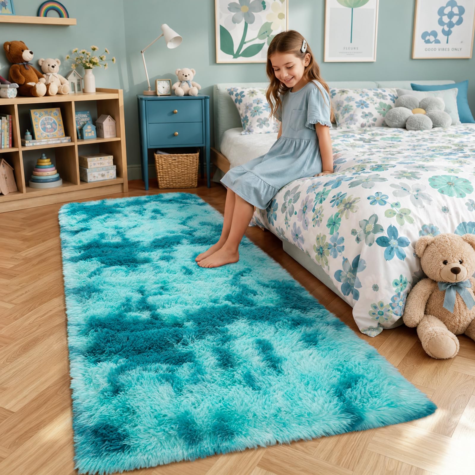 iEvery Rugs for Bedroom 80x150 cm - Fluffy Shaggy Beside Rug Non-Slip, Soft High Pile Modern Floor Carpet for Living Room Lounge Playroom Kids Girls Room, Tie-Dye Teal โ image 1