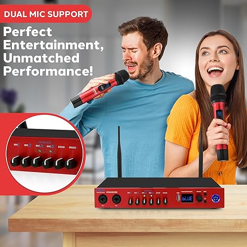 Miniatura 2 de Pyle Sistema de micrófono inalámbrico UHF, Bluetooth, micrófonos de mano, base receptora, frecuencia seleccionable, karaoke, uso profesional,