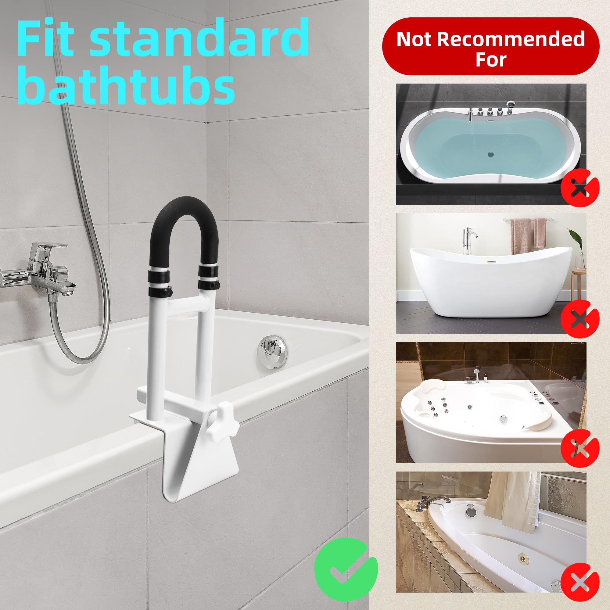 ITSOGOO Asa Bañera para Mayores Acolchada Regulable (Borde Liso ≥9 cm),Asidero Bañera Adultos Seguridad,Capacidad de Carga Hasta 136 kg,Apoyo Asa,Blanco Negro