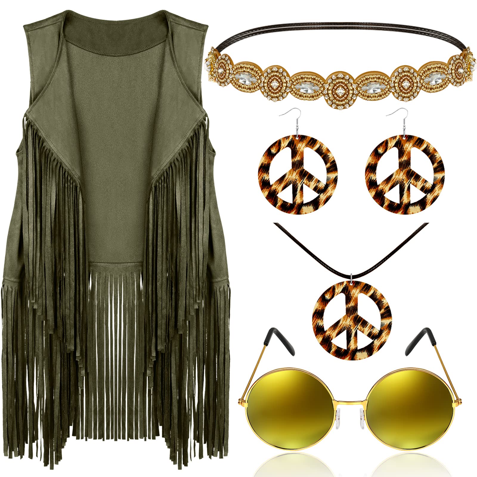 Frienda6 Pcs 60s 70s Outfits for Women Hippie Costume Set Peace Sign Earring Headband Fringe Vest Tassel Cardigan