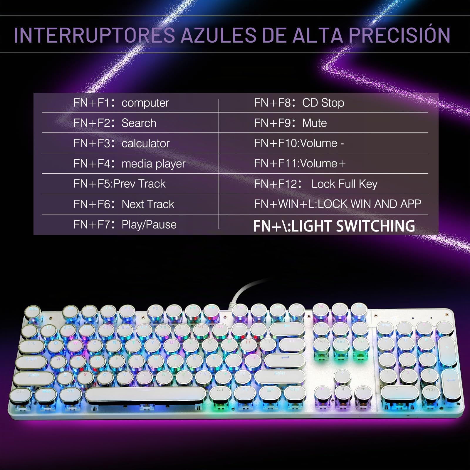 YSCP Teclado mecánico para Juegos Estilo máquina de Escribir RGB retroiluminado con Cable con Interruptor Azul, tecla Redonda Retro, Teclado de 104 Teclas (R-Blanco)