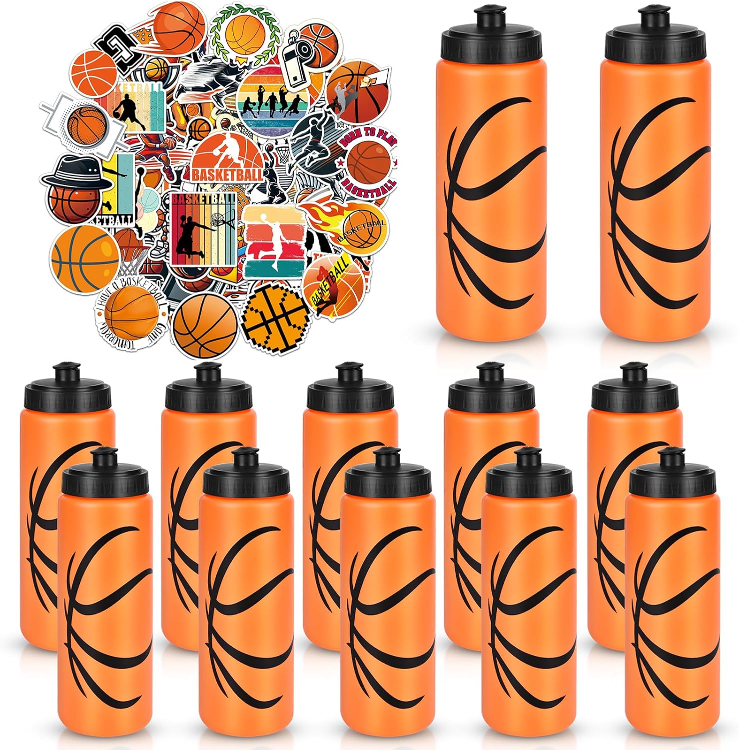 12 Pack Basketball Water Bottle Bulk with 300 PCS Stickers 20 oz Reusable BPA-Free Water Bottles for Boys Sports Squeeze Bottles Basketball Party Favors Gifts For Team 4# basketball