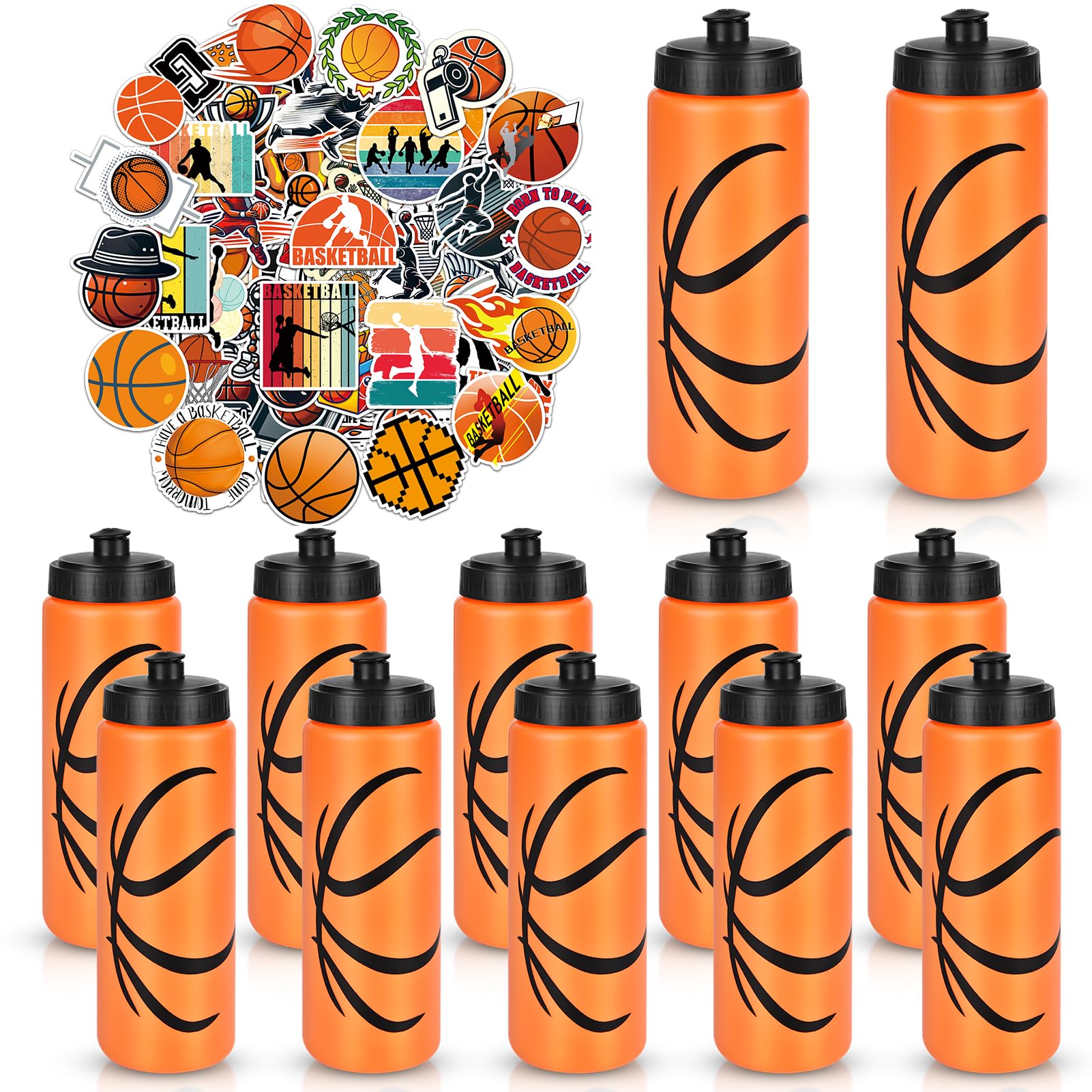 RhythmFit Basketball Party Favors, 12 Pack Basketball Water Bottles with 300 PCS Stickers, 20 oz Sports Squeeze Bottle, BPA-Free Reusable Water