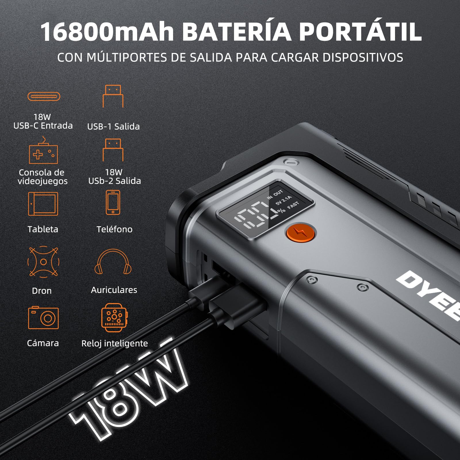 Arrancador de Coche, 6000A Arrancadores de batería de Coche,12V Jump Starter Portátil (para All Gasolina o 10L Diesel) con 18W Carga Rápida, Linterna LED de Emergencia, Cables de Arranque