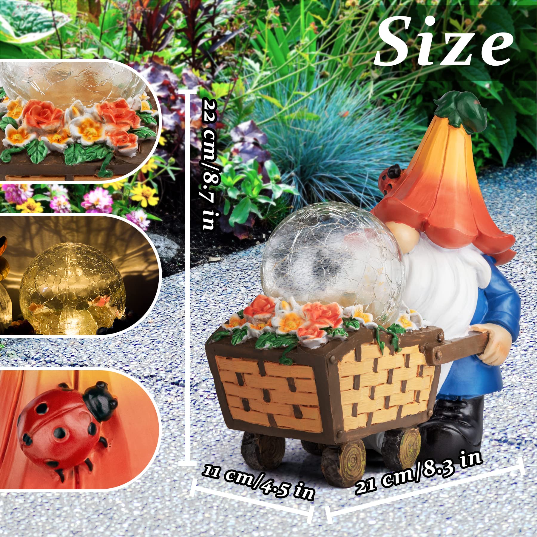 Gnomos de jardín para decoración al Aire Libre, gnomos solares, estatuas de Garden, decoración de jardín con orbe mágico con Luces LED, gnomo al Aire Libre para Patio
