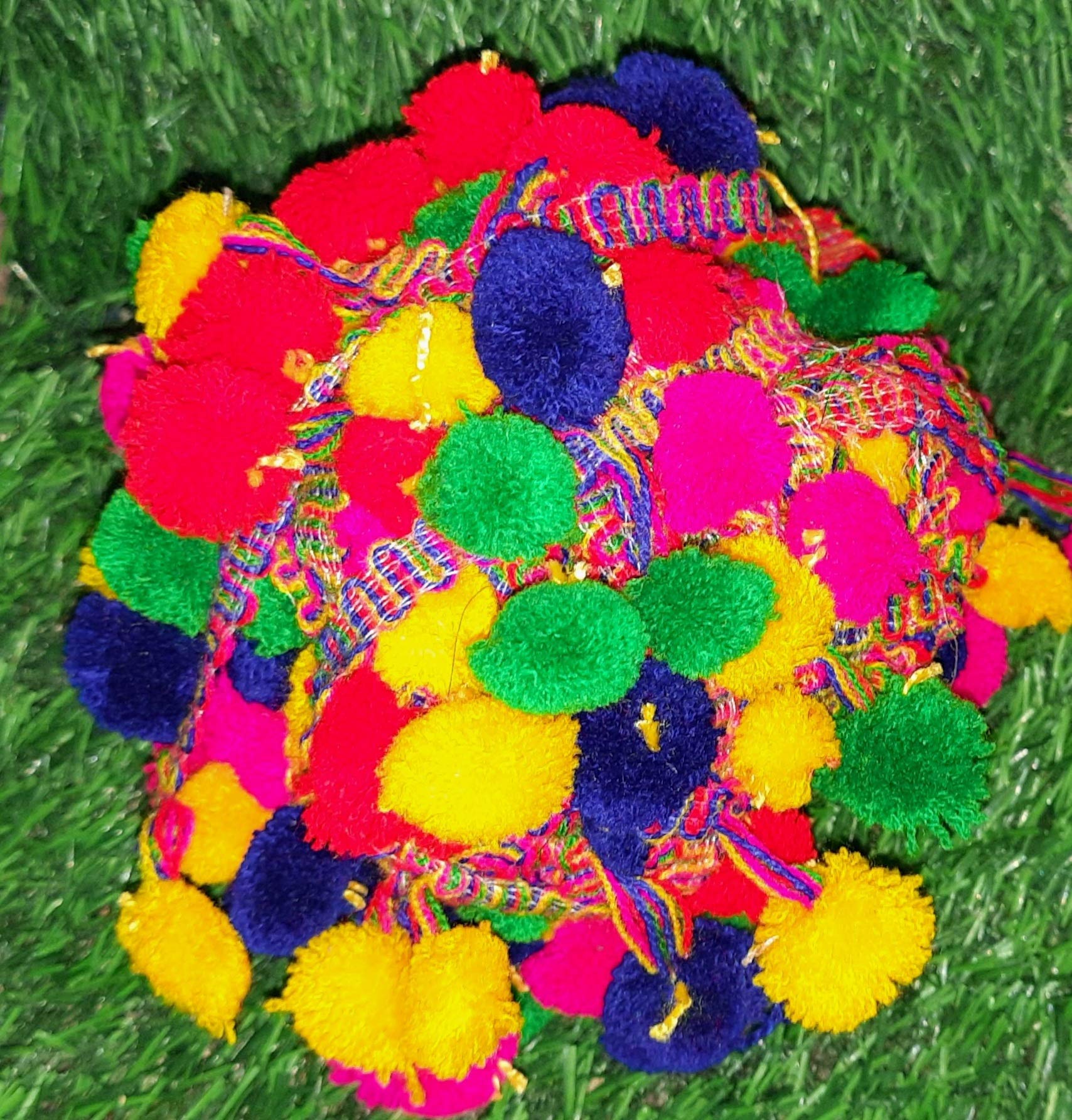 Crafteez Pom-Pom Lace Border, Woollen Yarn, Tassel Ball Fringe Bohemian Lace Border for Craft Material, Cotton Dupatta, Suits, Lehenga, Saree, Blouses - Multicolor (5 Meter)