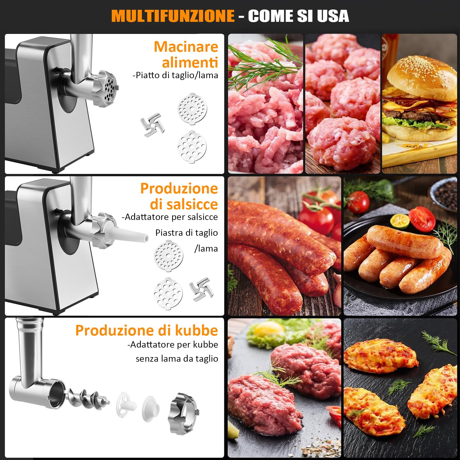 STANEW 3500 W tritacarne elettrico, 3 in 1, con 3 piastre in acciaio inox, Kubbe e 3 tubi per farcire per salsicce, capacità 3,5 kg/min,3 lame, Propower motore in rame