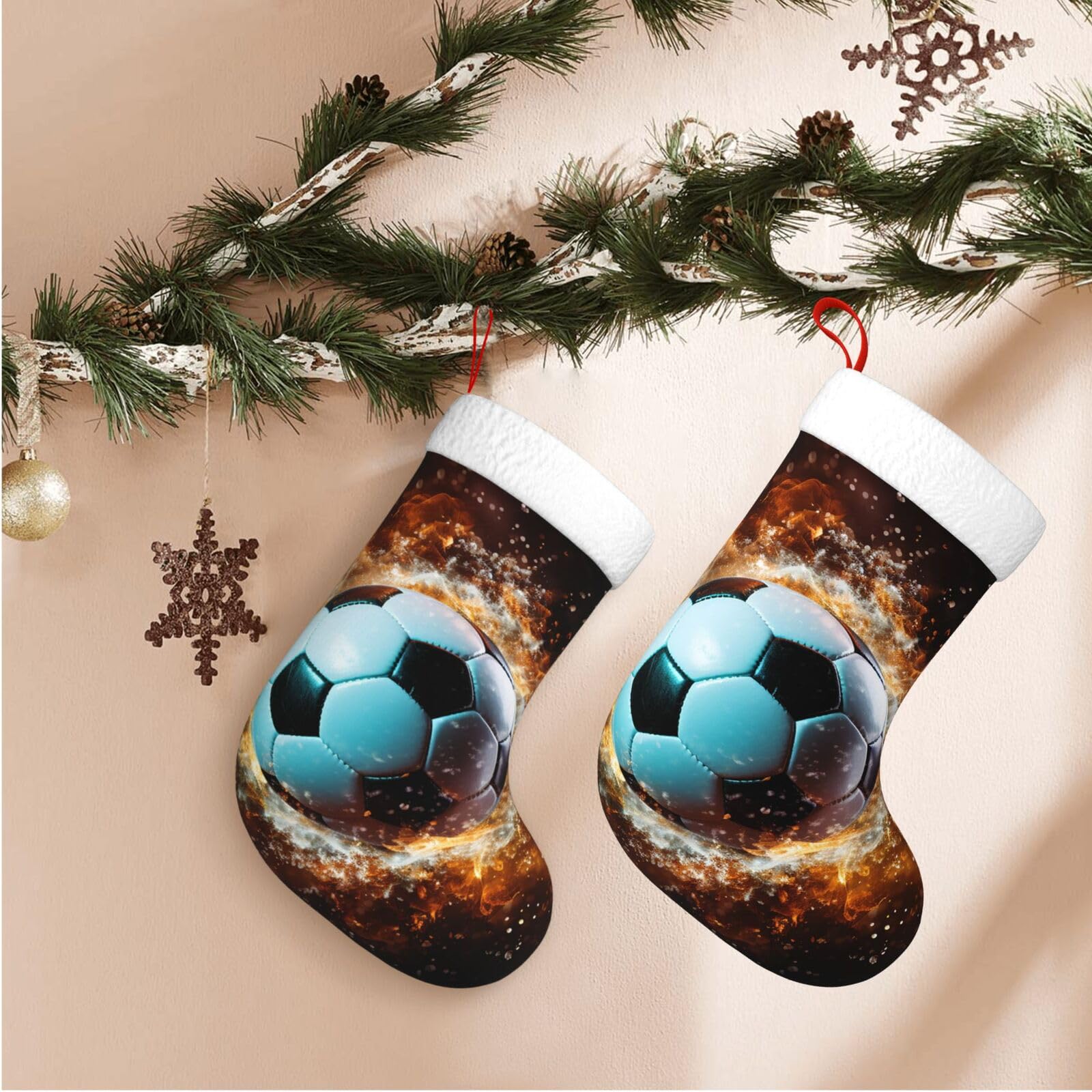 17.7" Christmas Stocking 1 Piece, Soccer Ball Flying in The Air Xmas Stockings with White Plush Cuff Fireplace Hanging Stocking for Christmas Holiday Party Decoration