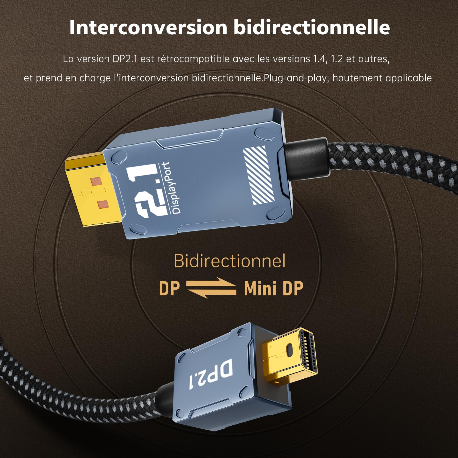 Display Port Câble DisplayPort 2.1 16K 2M - 80Gbps, Support 8K@120Hz, Compatible FreeSync/G-Sync Display Port 2.1