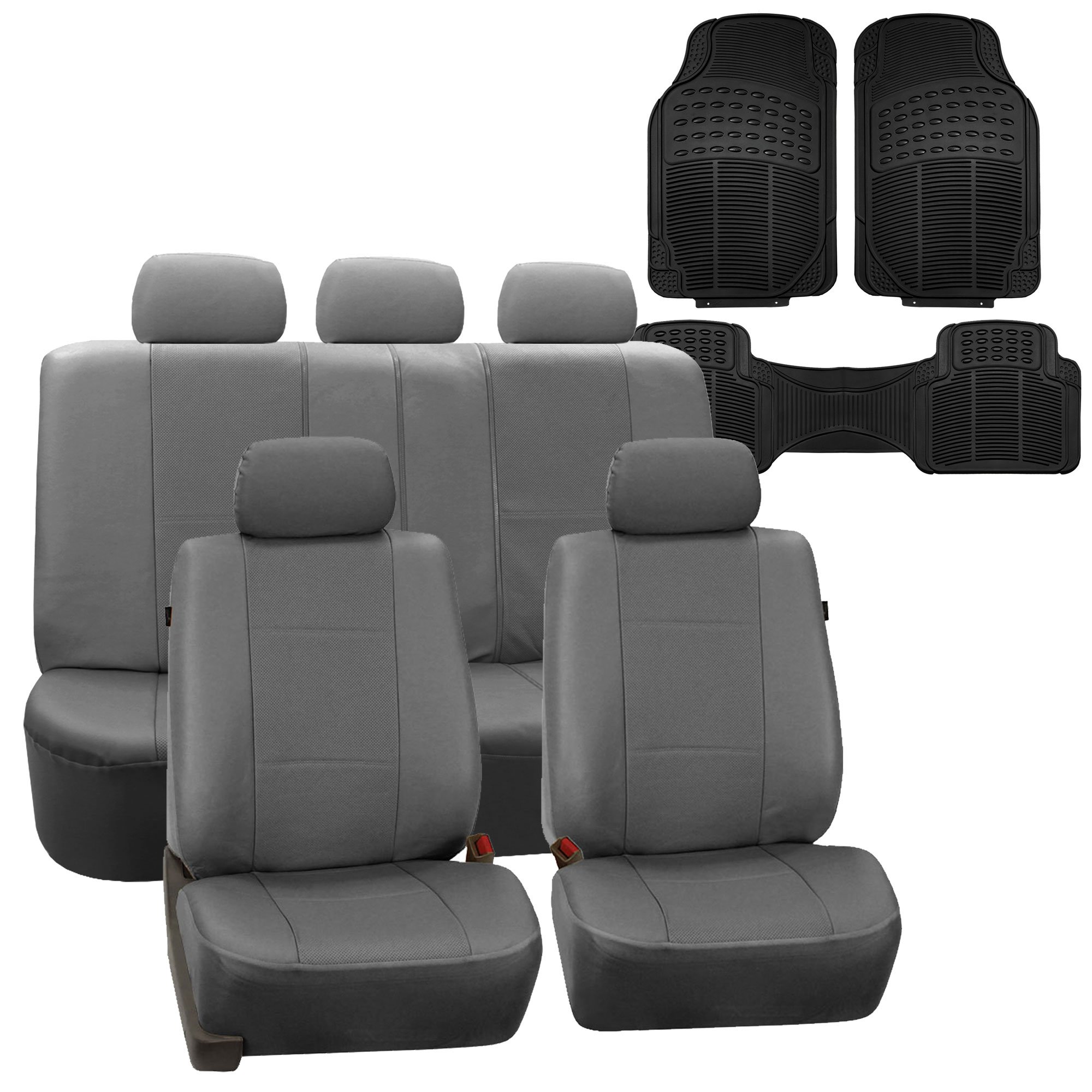 FH Group Car Seat Cover Gray Full Set Deluxe Leatherette Protector Interior  Accessories Universal Fit Full Set Airbag Compatible and Split Bench