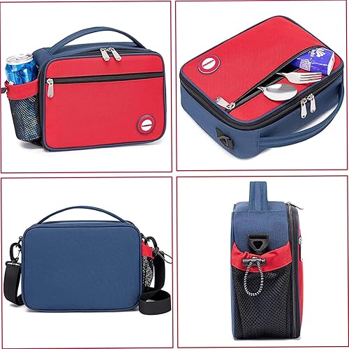 Miniatura 3 de weiatas Lonchera pequeña con aislamiento para niños y niñas, para volver a la escuela, reutilizable, con correa extraíble y bolsillo (rojo)