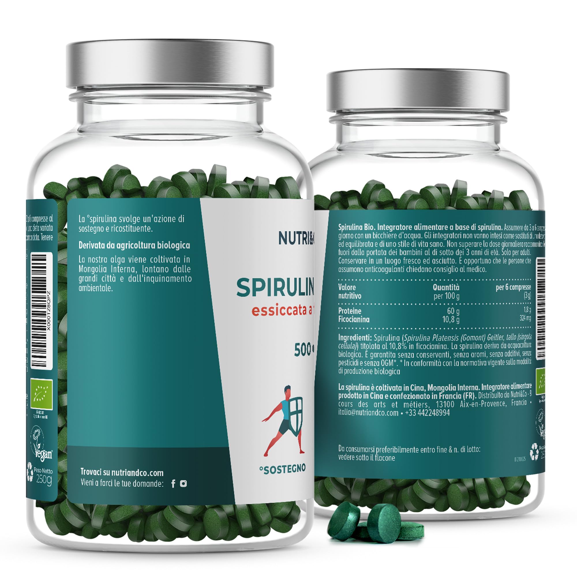NUTRI & CO Spirulina Biologica - 500 Compresse Bio da 500 mg Pure Senza Eccipienti - 15% di Ficocianina - Polvere Essiccata e Compressa a Freddo - Analizzata e Confezionata in Francia
