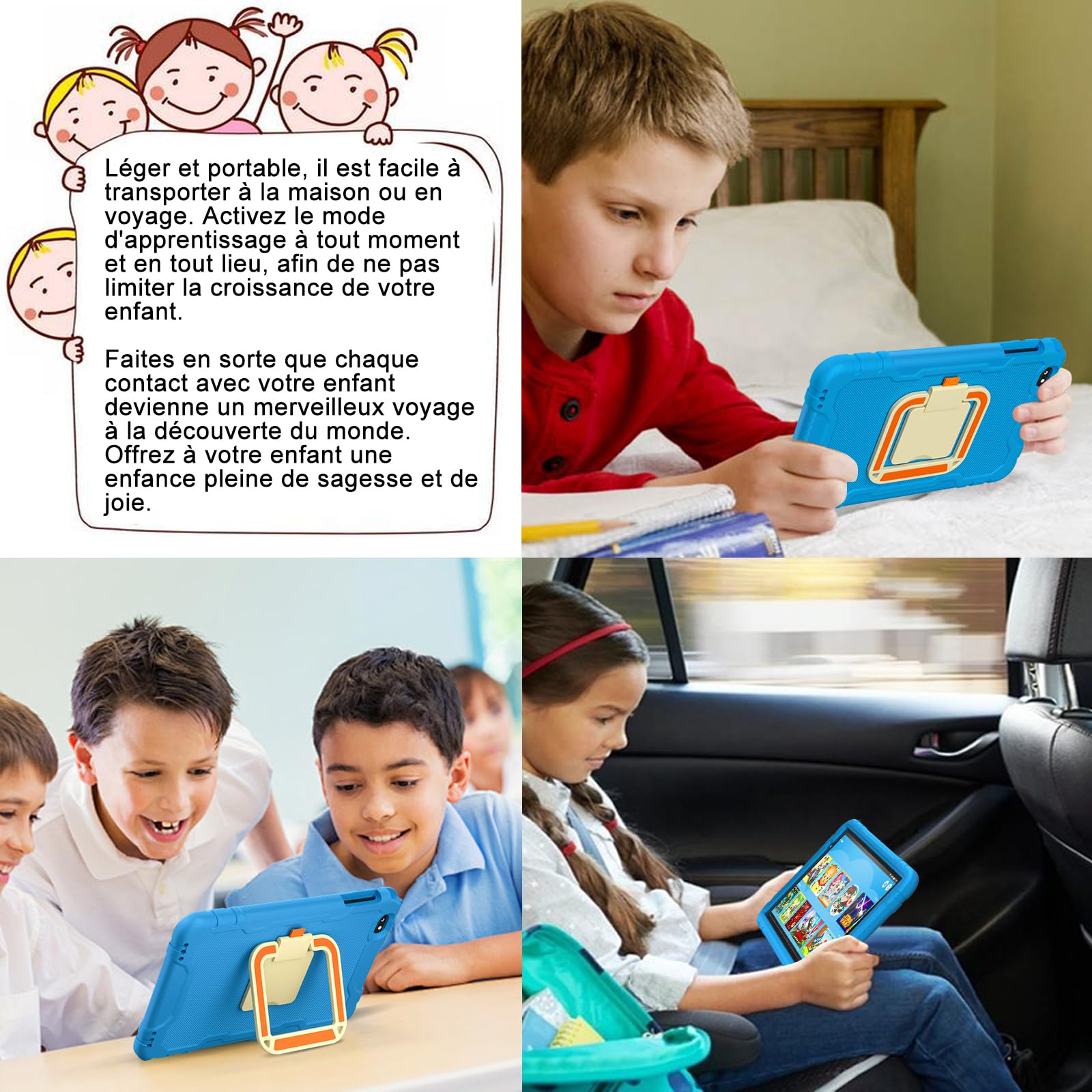 Tablette enfants 10 Pouces Android, 22GO + 128 GO (TF 1TO), WiFi 6, 8000 mAh, Widevine L1,GPS, Face ID, Octa-Core, Contrôle Parental, EVA Étui de Protection Antichoc, 360° Rotatif Support - Bleu