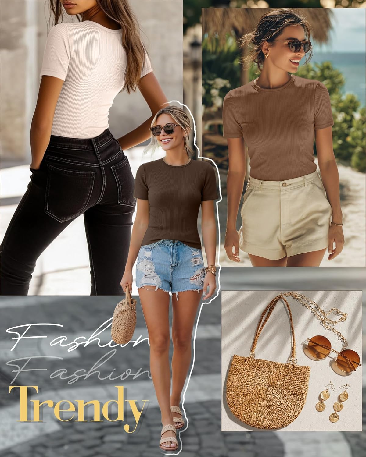Ficerd 3 Pack Women's Ribbed T-Shirts, Cotton Short Sleeve Basic Tees Crewneck Fitted Tops Casual Shirts 2026 Summer Trendy - Image 3