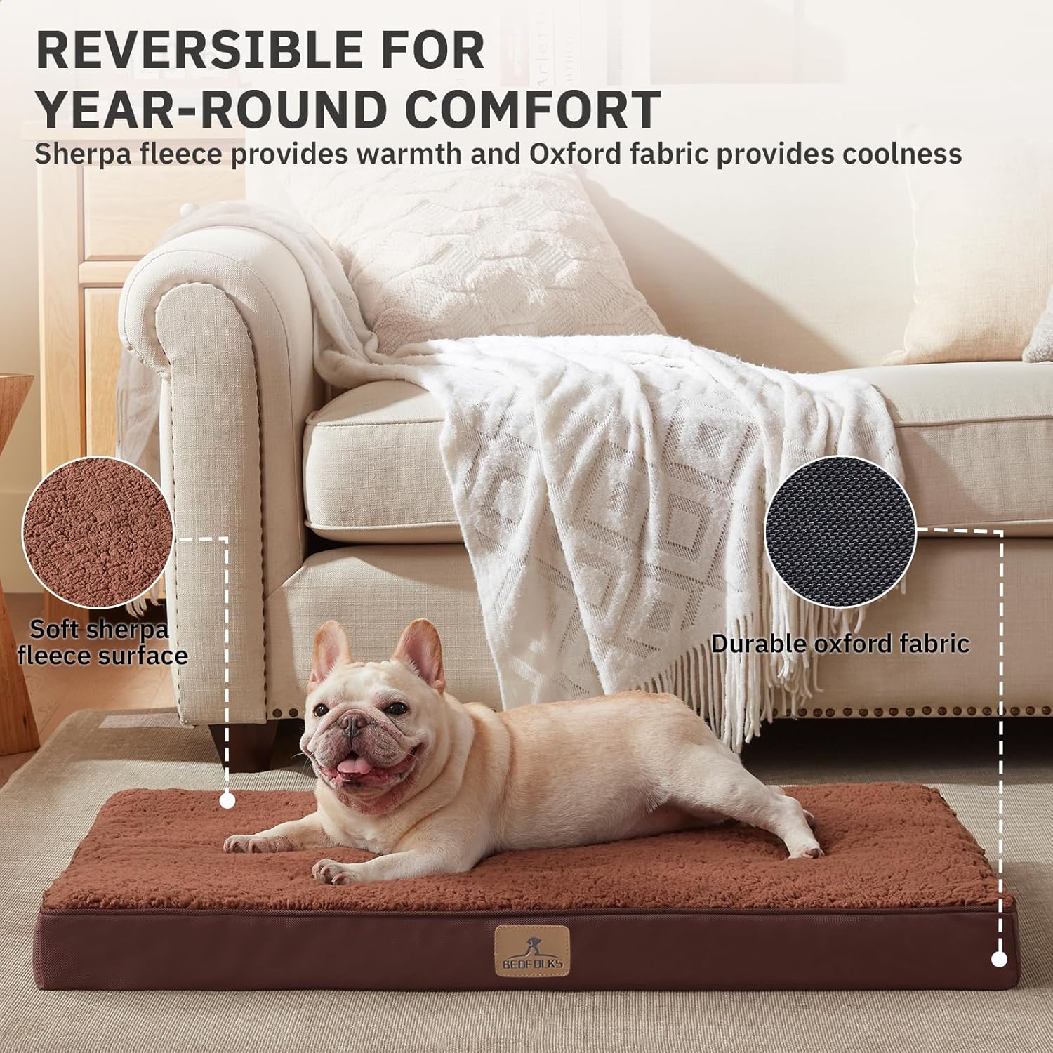 Bedfolks Orthopedic Dog Bed for Large Dogs - Egg Foam Dog Crate Bed with Removable Waterproof Cover, Pet Bed Mat Suitable for Dogs and Pets Up to 65 lbs (36 x 27 x 3 inches, Brown)