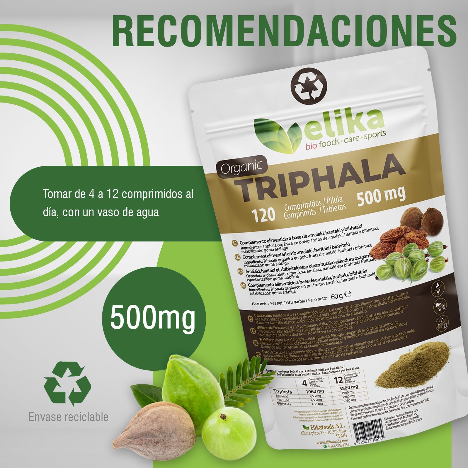 Triphala BIOLOGICO di Elikafoods®. Depurativo e disintossicante naturale. Integratore naturale per la pulizia del colon. Compresse naturali per la stitichezza intestinale - 120 compresse da 500 mg.
