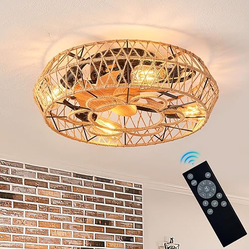 Miniatura 1 de Boho Ceiling Fan with Light Rattan Caged Ceiling Fan Low Profile Fandelier Fan Flush Mount Ceiling Fans Retractable Ceiling Fan with Light for