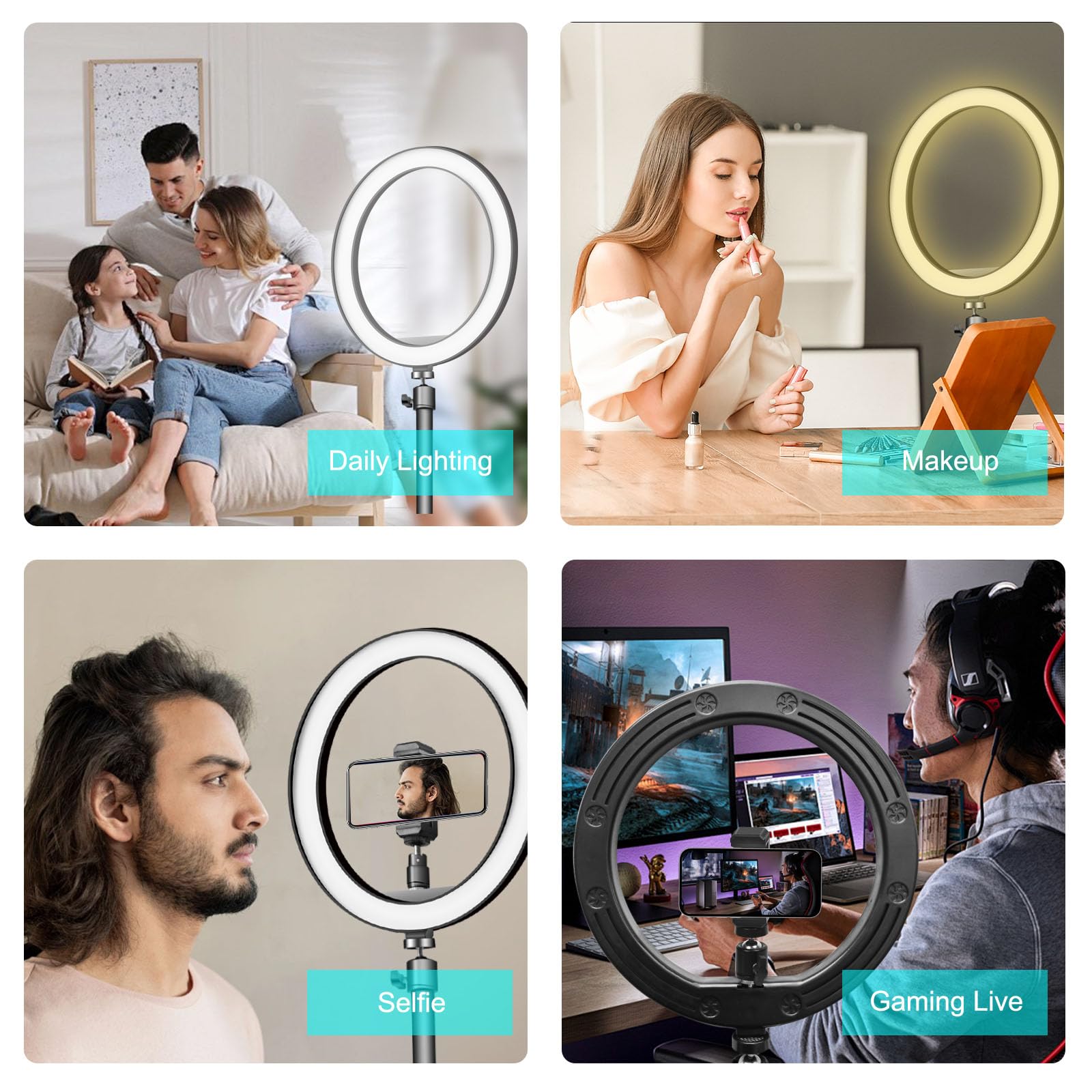 Obrączka świetlna do selfie 25 cm z uchwytem 25 cm i kijem do selfie 152 cm, 3 ustawienia kolorowego światła do telefonów i aparatów, do makijażu