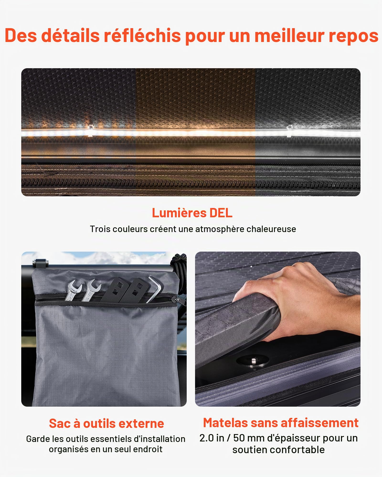VEVOR Tente de Toit pour Voiture, Tente de Toit à Coque Rigide pour 2-3 Personnes, pour Camping Caravane SUV, en Alu, avec Éclairage LED Tricolore, Matelas Épais et 2 Fenêtres, Étanche et Coupe-Vent