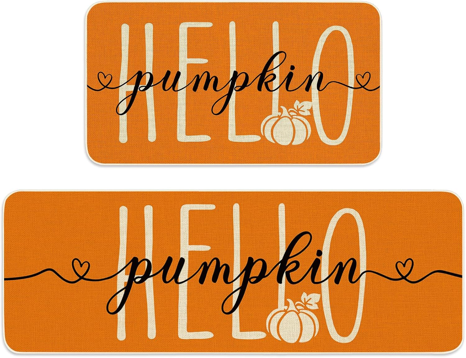 Hello Pumpkin Kitchen Mats Set of 2, Orange Fall Pumpkin Kitchen Floor Mat Non-Slip Decorative Bathroom Rugs for Autumn Thanksgiving Holiday, 17 x 29 Inch & 17 x 47 Inch
