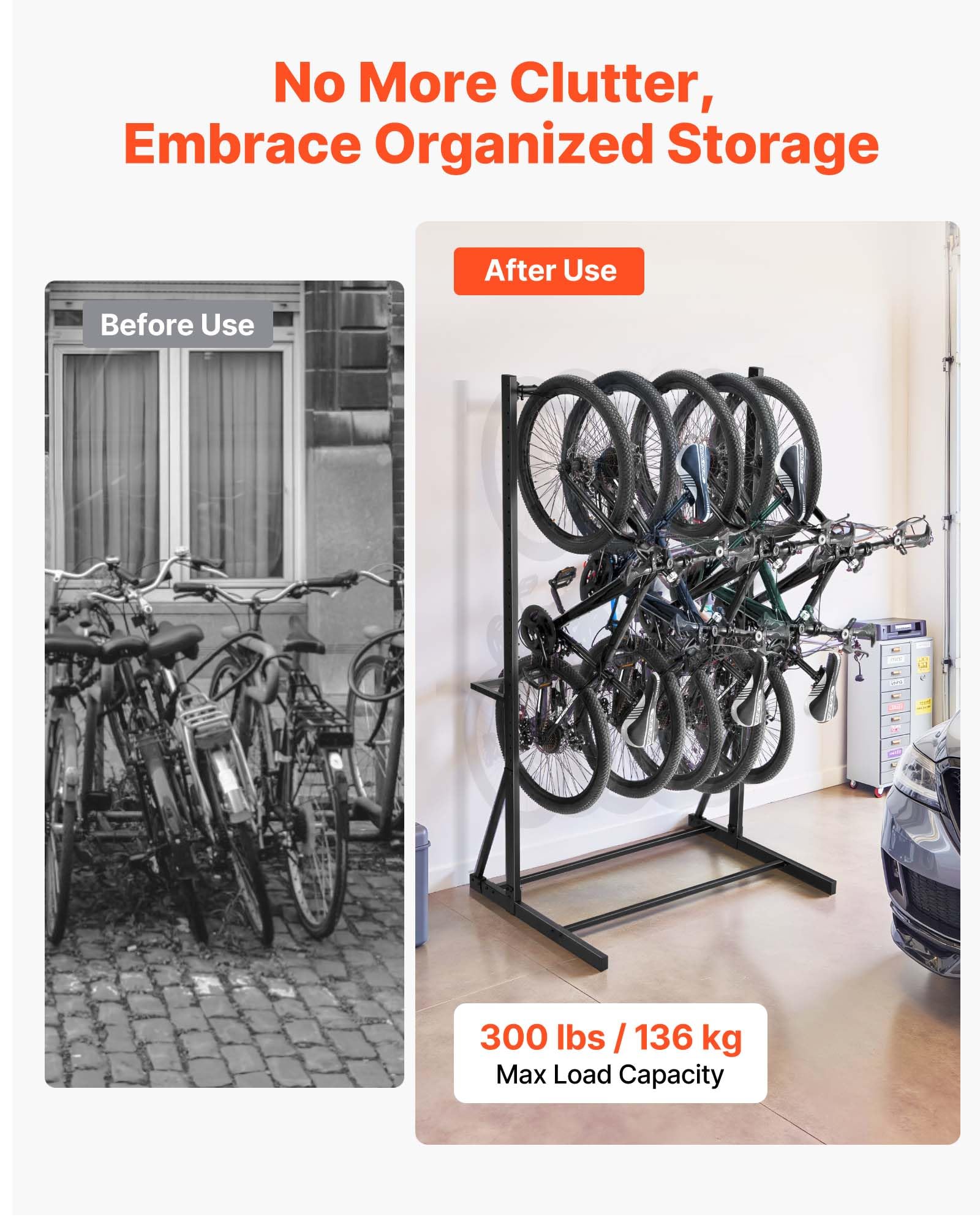 VEVOR Portabici Verticale in Acciaio al Carbonio, Capacità di Carico 136 kg per Massimo di 5 Biciclette, Portabici Indipendente, per Casa, Garage, Supporto per Biciclette per Interni Esterni