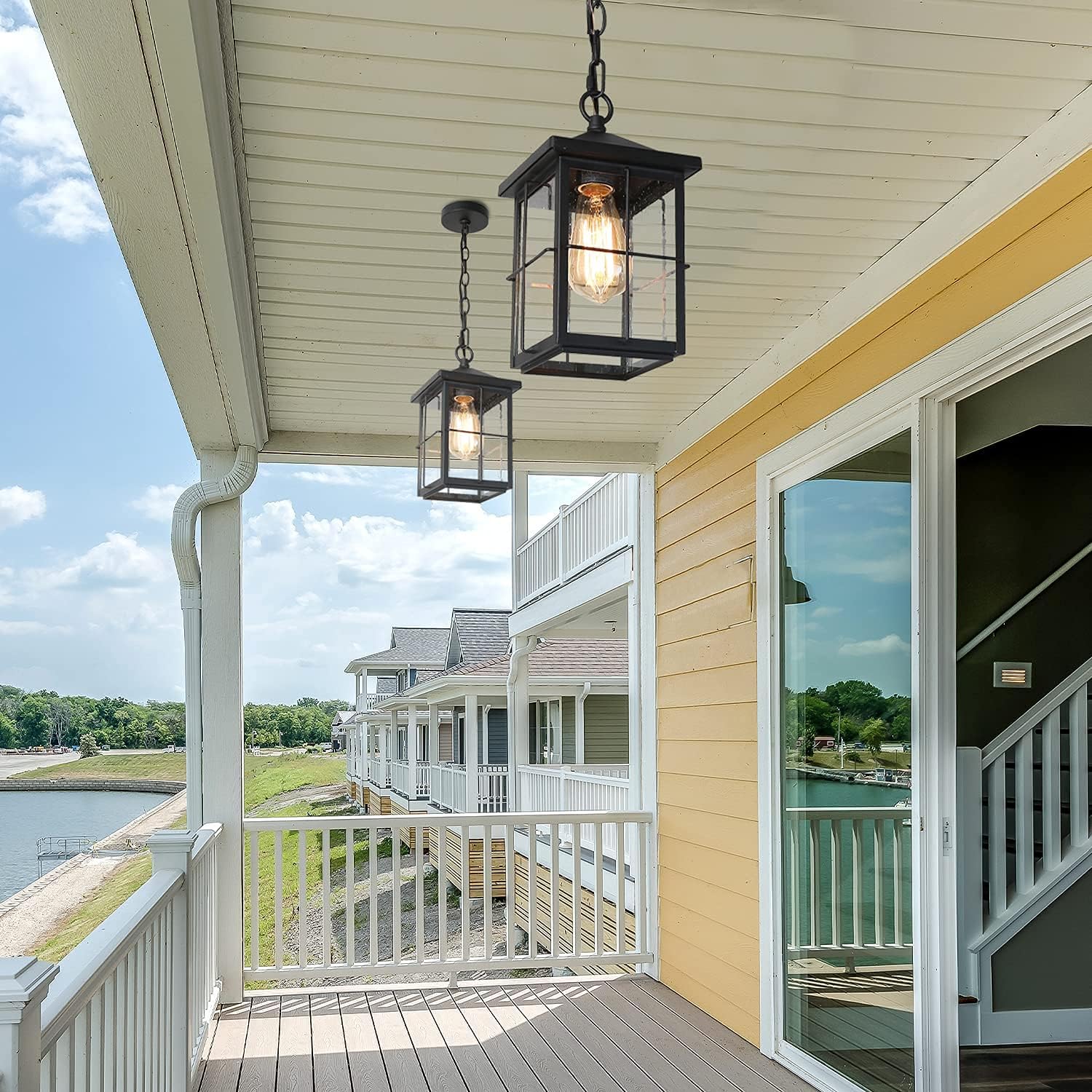 LALUZ Outdoor Pendant Light with Adjustable Chain, Rectangle Exterior Hanging Light Fixture with Cross Bar, 1 Pack Waterproof and Anti-Rust Outside Lamp for Corridor, Patio, Backyard