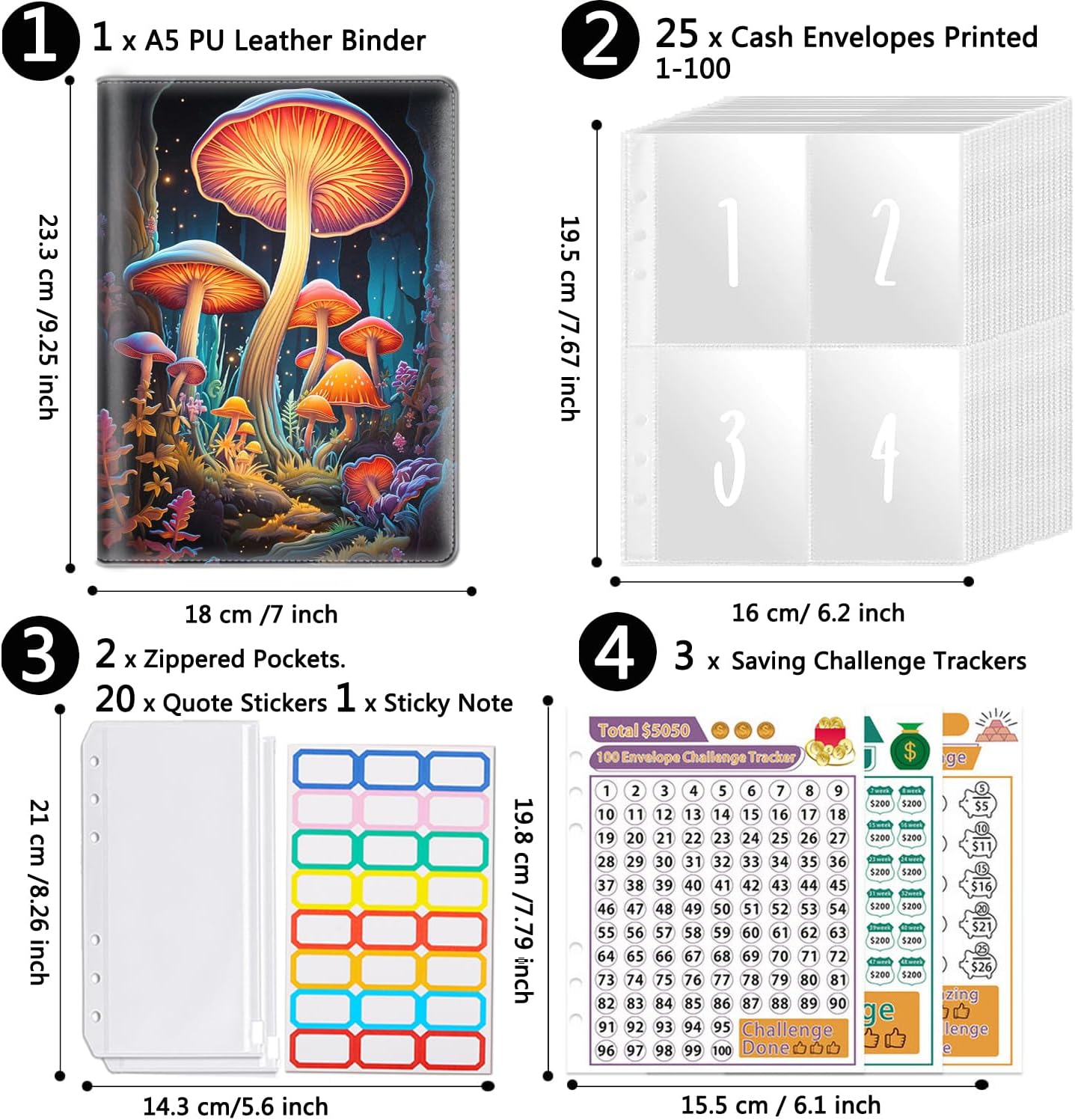 100 Envelopes Money Saving Challenge, A5 Budget Binder with Cash Envelopes & 3 Budgeting Planner Trackers to Save $5,050, 10,000, 500, Money Savings Challenge Book for Organizer, Colorful Mushrooms