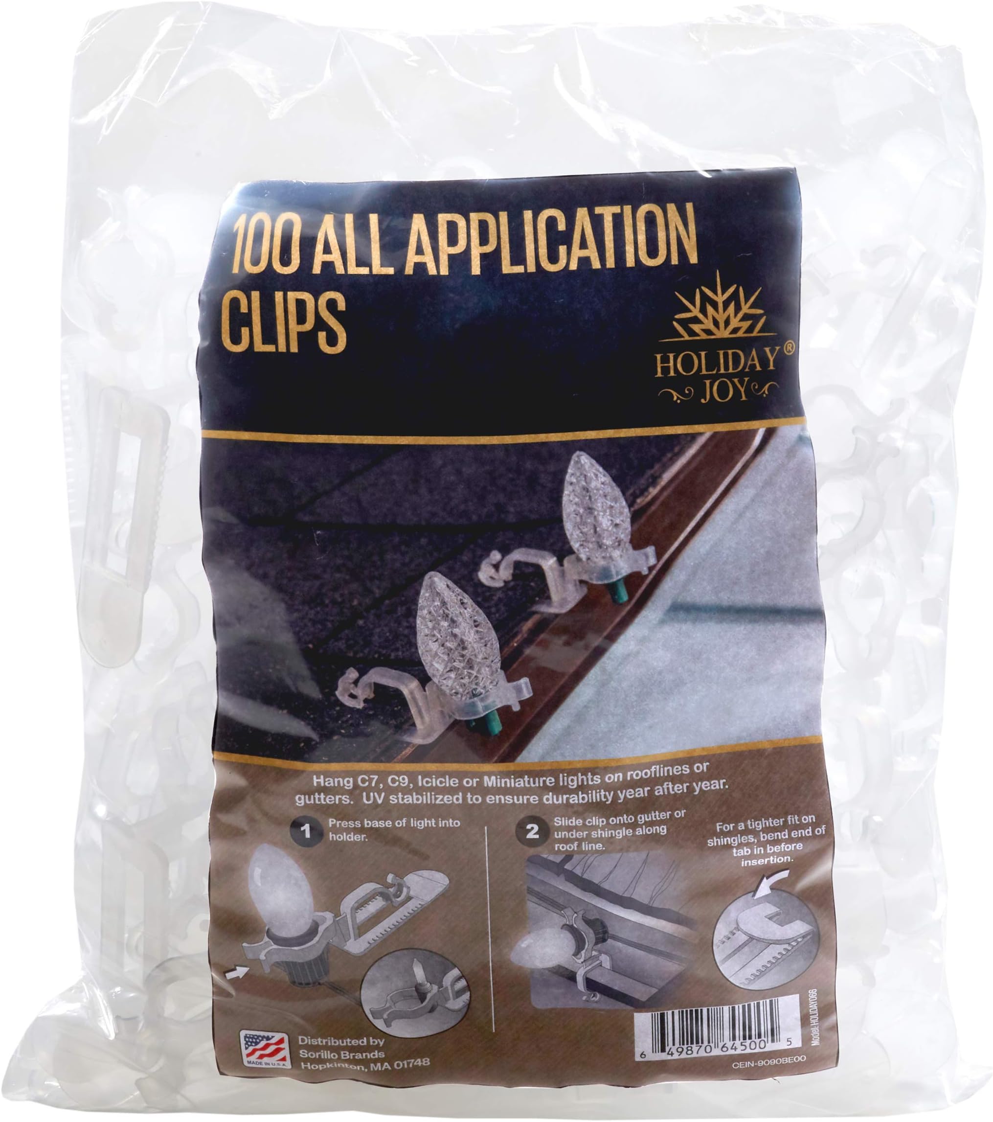 Holiday Joy - 100 Christmas Lights Clips - Professional Grade All Applications - Hang C9, C7, Icicle, Mini Lights on Roof, Gutters, Shingles