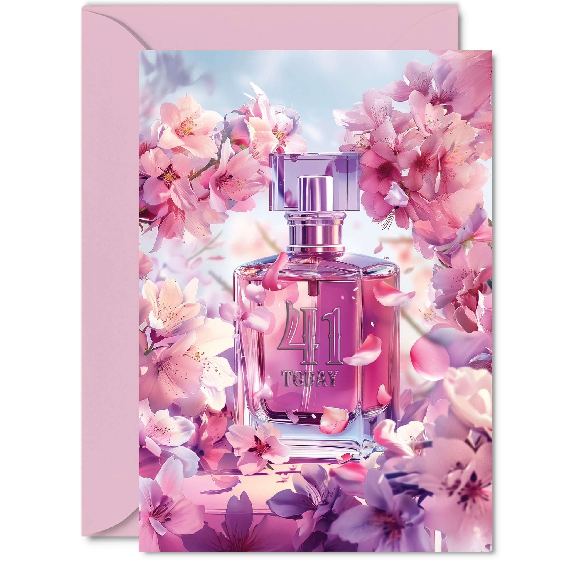 41st Birthday Card for Women - Fabulous Floral Perfume Bottle - Happy Birthday Cards for 41 Year Old Woman, 5x7 Inch Female Bday Greeting Cards
