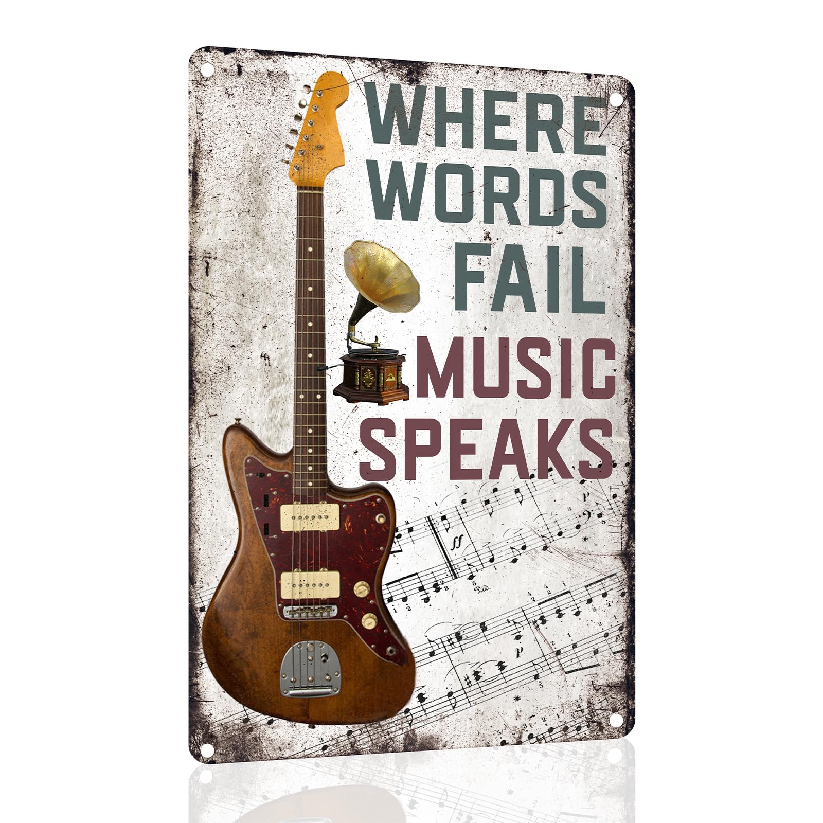 SilkTem Vintage Metal Guitar Tin Sign - Where Words Fail Music Speaks -Musical Bar Pub Cafe Wall Kitchen Bathroo Poster Karaoke Retro Decor Art 8x12 inch