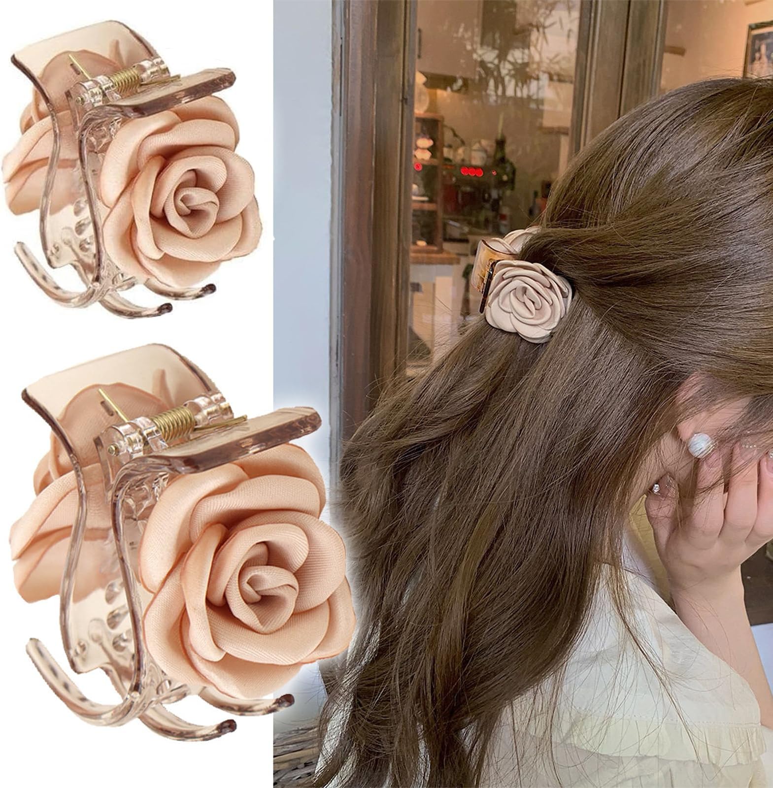 Small Hair Clip for Women,1.61 Inch Flower Claw Clips for Half-up Hairstyles/High Ponytail,Cute Rose Hair Jaw Clips Travel Birthday Christmas Gift for Girl Friend Thick Thin Long Hair(3 PCS Champagne)