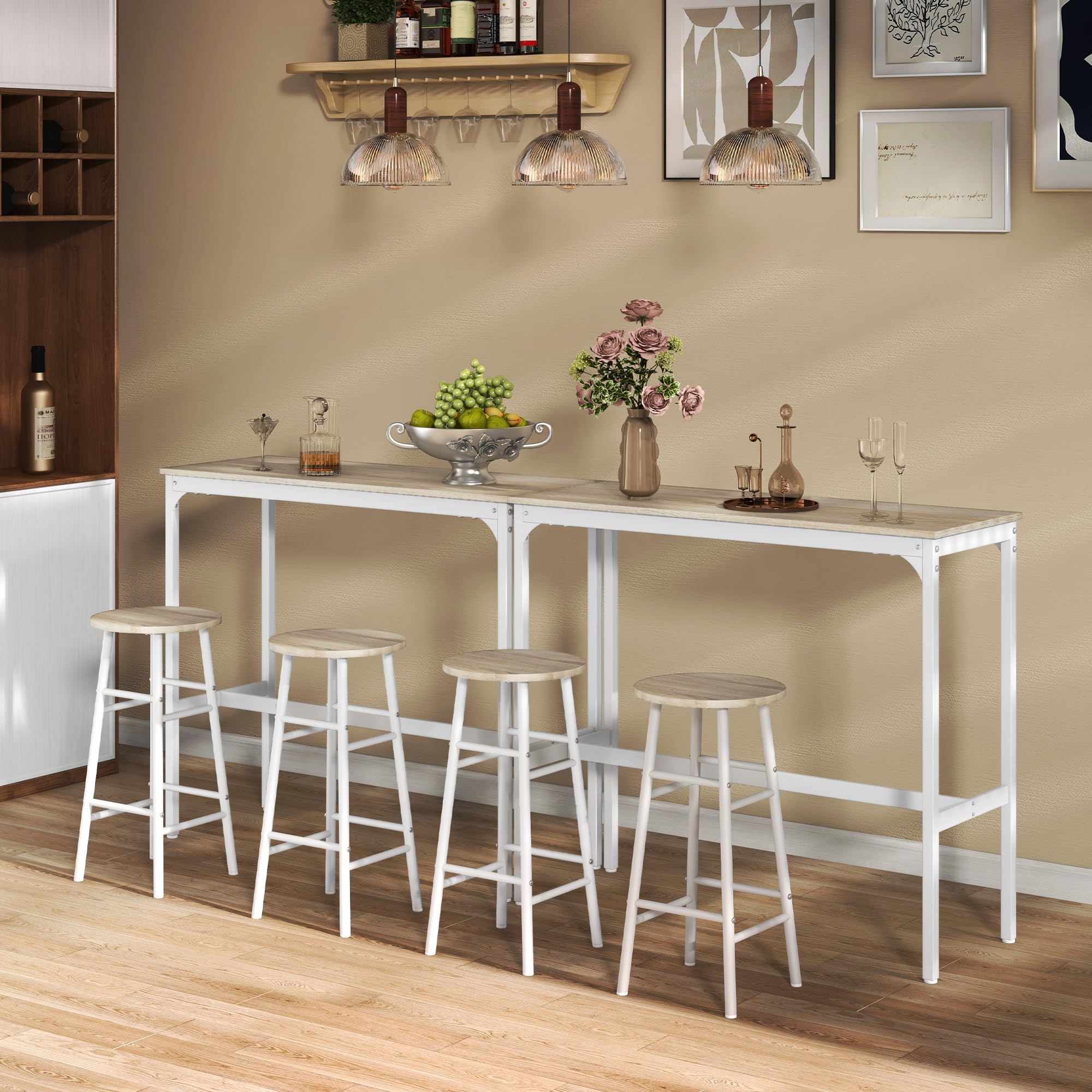 HOMCOM Set tavolo da bar bistrot + 2 sgabelli con poggiapiedi, tavolo mangia in piedi, struttura in acciaio, design industriale, tavolo alto da cucina, piano effetto legno naturale, bianco