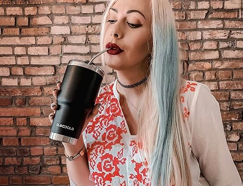 Miniatura 3 de DLOCCOLD Vaso de café aislado al vacío de acero inoxidable con tapa y pajilla, popote de metal, cepillo de limpieza y caja de regalo (leopardo negro)