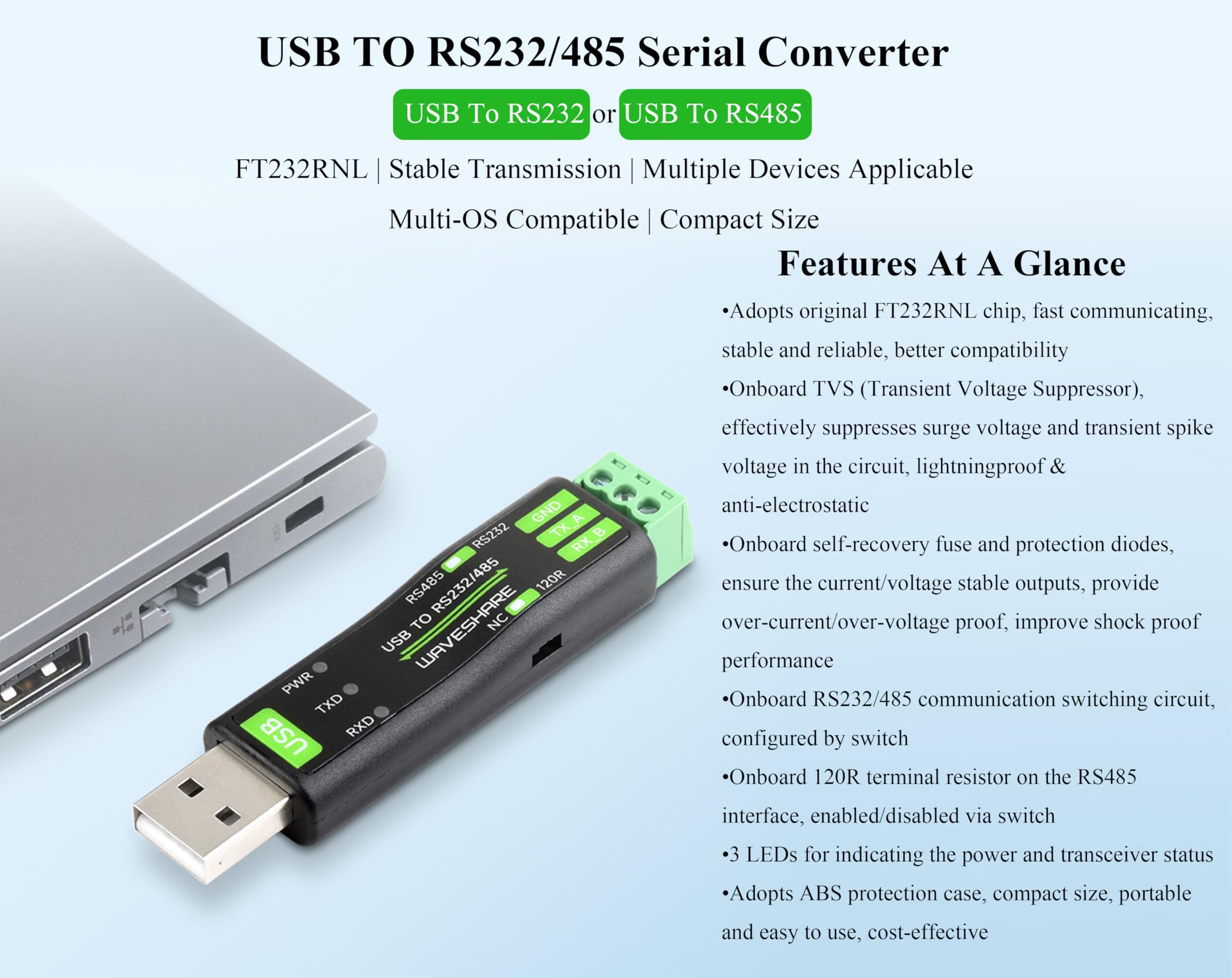 USB to RS232/RS485 Serial Converter Adapter, Onboard Original FT232RNL Chip Stable, Compatible withRaspberry Pi/Jetson Nano/Windows XP/7/8/10/11, etc