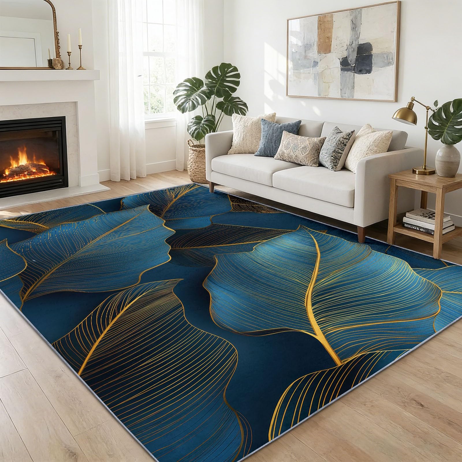 Tapis bleu marine lavable 160x230 cm à poil court et motif abstrait