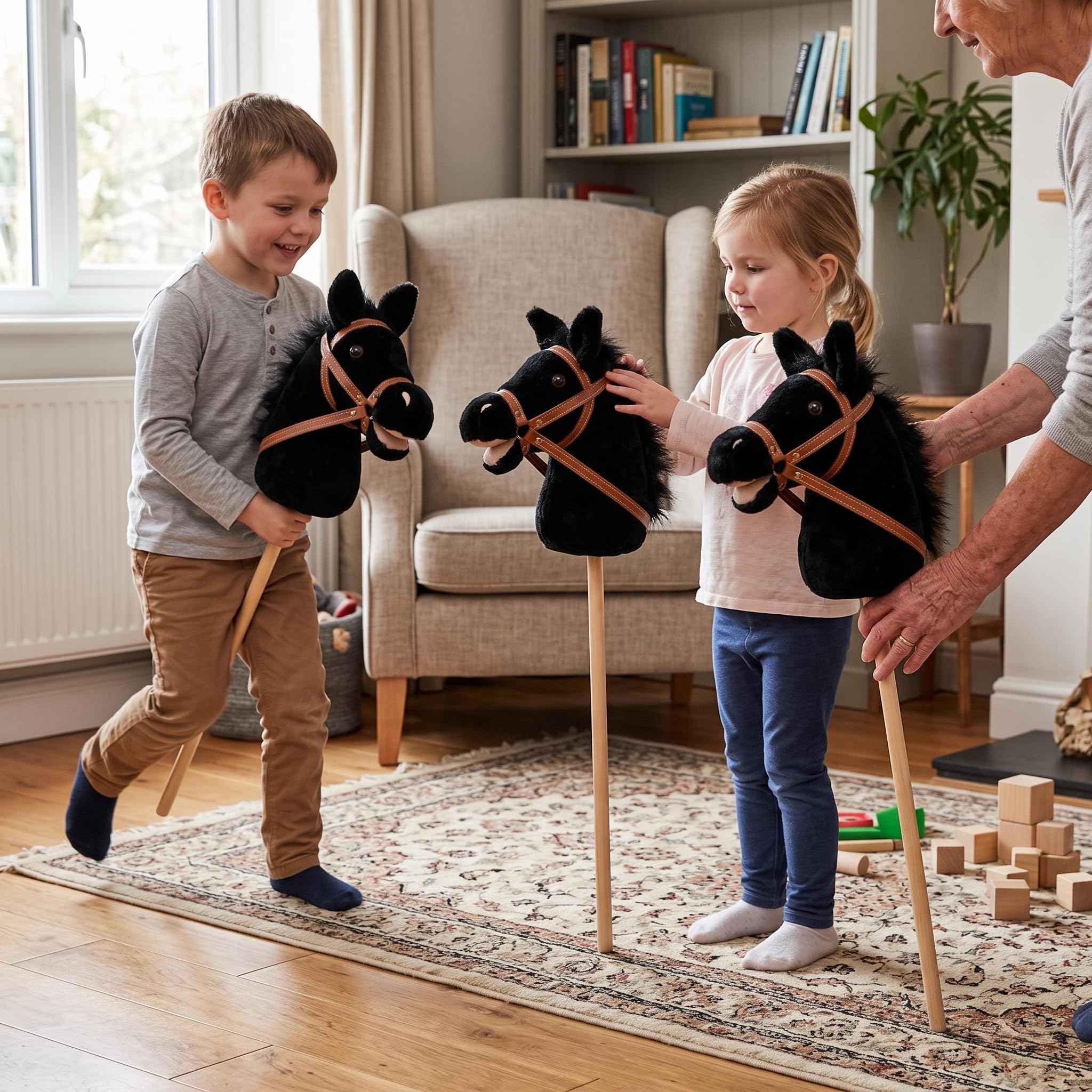 Hobby Horse Pferde für mit Soundeffekten, 100cm Steckenpferd zum Reiten, Schwarz, 100cm Hufeisengeräusch+Pferdegeräusch+Cowboy-Lied Nicht abnehmbar