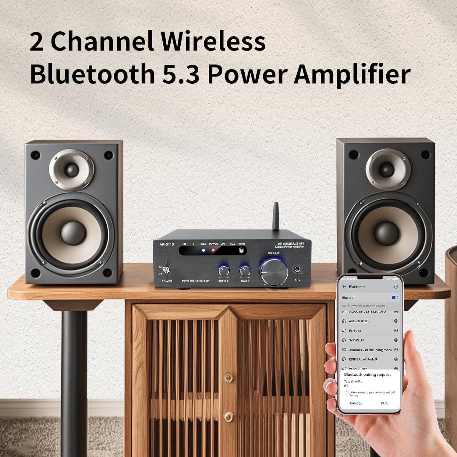 Amplificador HiFi 2000W, Bluetooth 5.3 con chip AK-3116 Audio estéreo de 2.0 canales, 100W x 2 potencia máxima Opt/AUX/USB para Cine en casa Coche