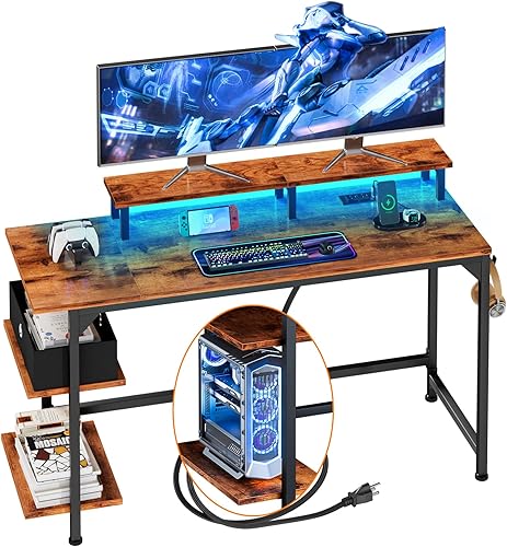 Furologee Escritorio con tomas de corriente y luces LED, escritorio de oficina para computadora de 47 pulgadas con estantes y cajón de tela, mesa de