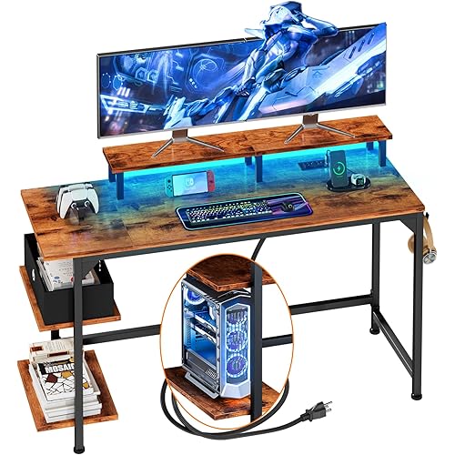 Furologee Desk with Power Outlets and LED Lights, 47" Computer Office Desk with Shelves and Fabric Drawer, Reversible Gaming Study Table with Monitor Stand and Hooks, Rustic Brown