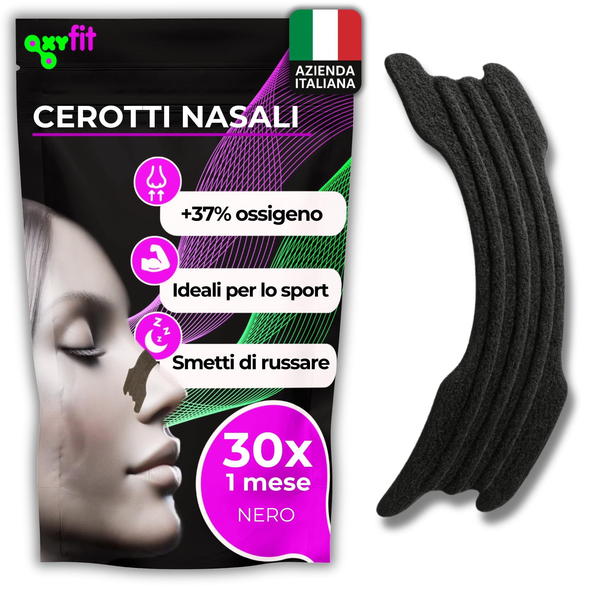 30 Cerotti Nasali Antirussamento (Nasal Strips) | per Smettere di Russare e Respirare Meglio | Dilatatore Nasale per Sport e Congestione (Nero - 30)