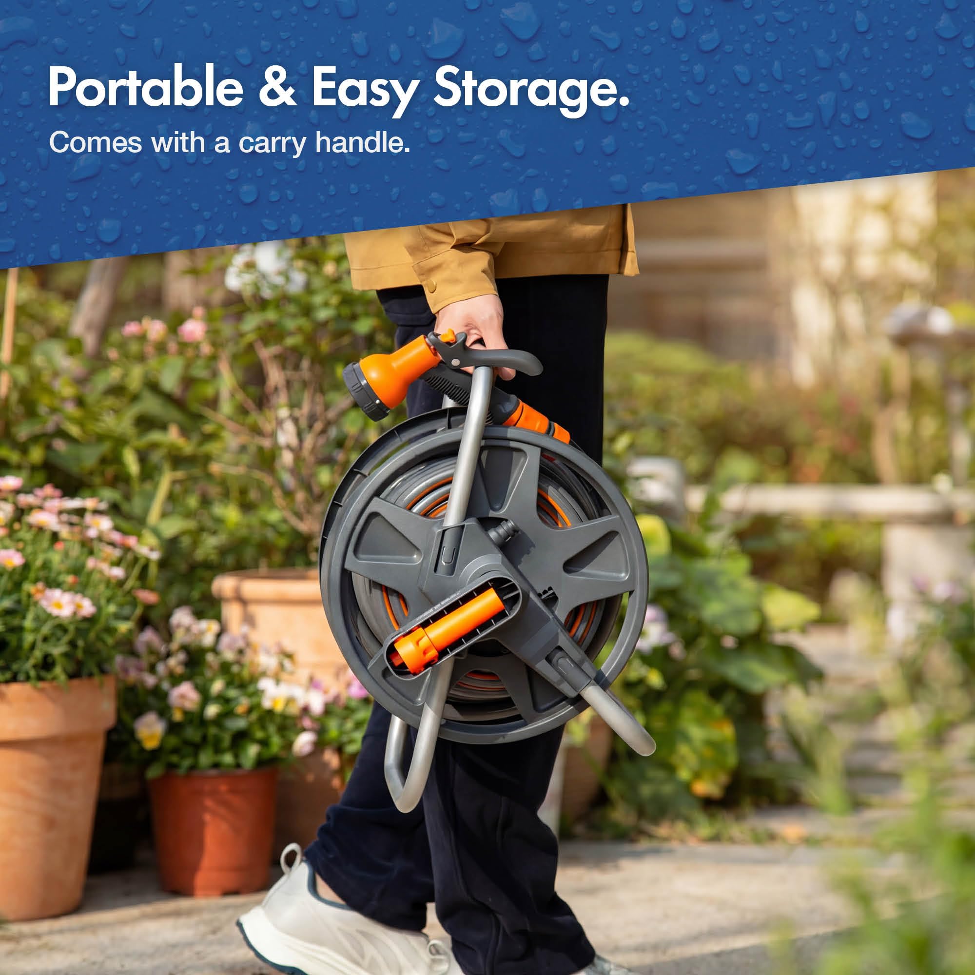 Vonhaus Garden Hose Reel 25m – 2-in-1 Hose Pipe Reel with 8-Pattern Spray Nozzle & 1/2" and 3/4" Fittings, Wall Mounted and Freestanding Heavy Duty Rewind Water Hose — view 7