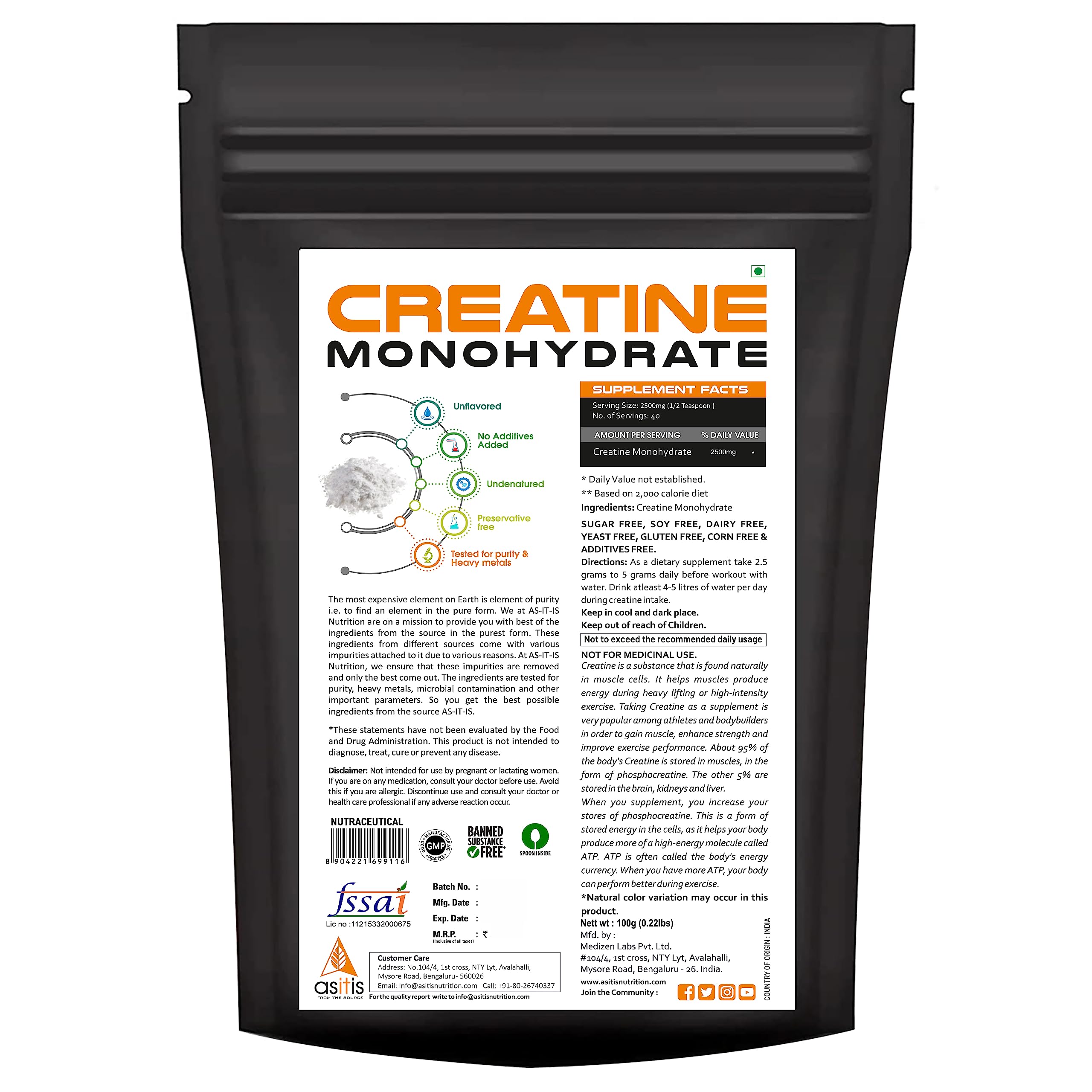 AS-IT-IS Nutrition L-Carnitine 500mg, 60 Capsules | Lab-Tested 60 Count &  AS-IT-IS Nutrition Creatine Monohydrate 100gms
