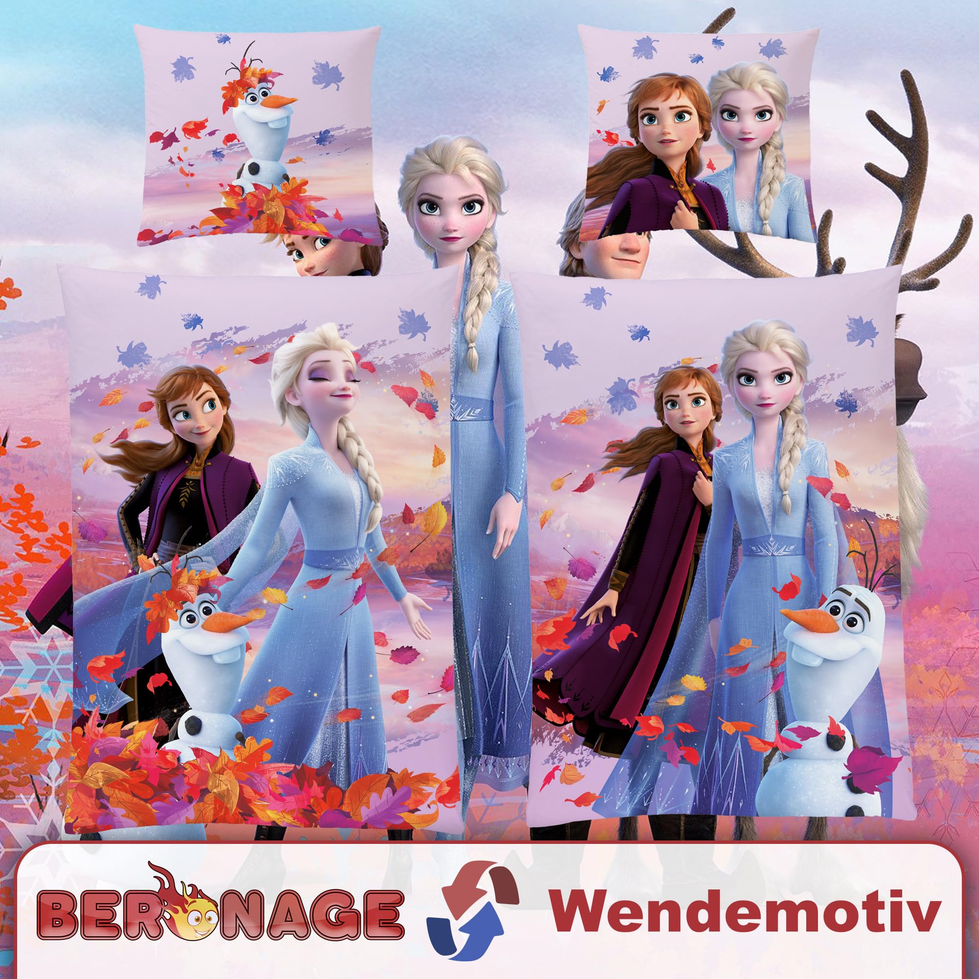 Frozen Die Eiskönigin Kinder-Bettwäsche Dreamteam 135 x 200 + 80 x 80 cm 100% Baumwolle Biber-Flanell-Qualität Disney ELSA Anna Snowman Sven Kristoff Olaf mit Reißverschluss Deutsche Größe