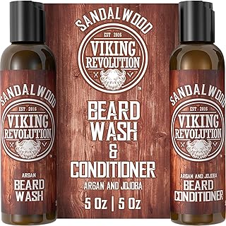 Viking Revolution Beard Wash & Beard Conditioner Set w/Argan & Jojoba Oils - Softens & Strengthens - Natural Beard Shampoo w/Beard Oil Sandalwood (5oz)