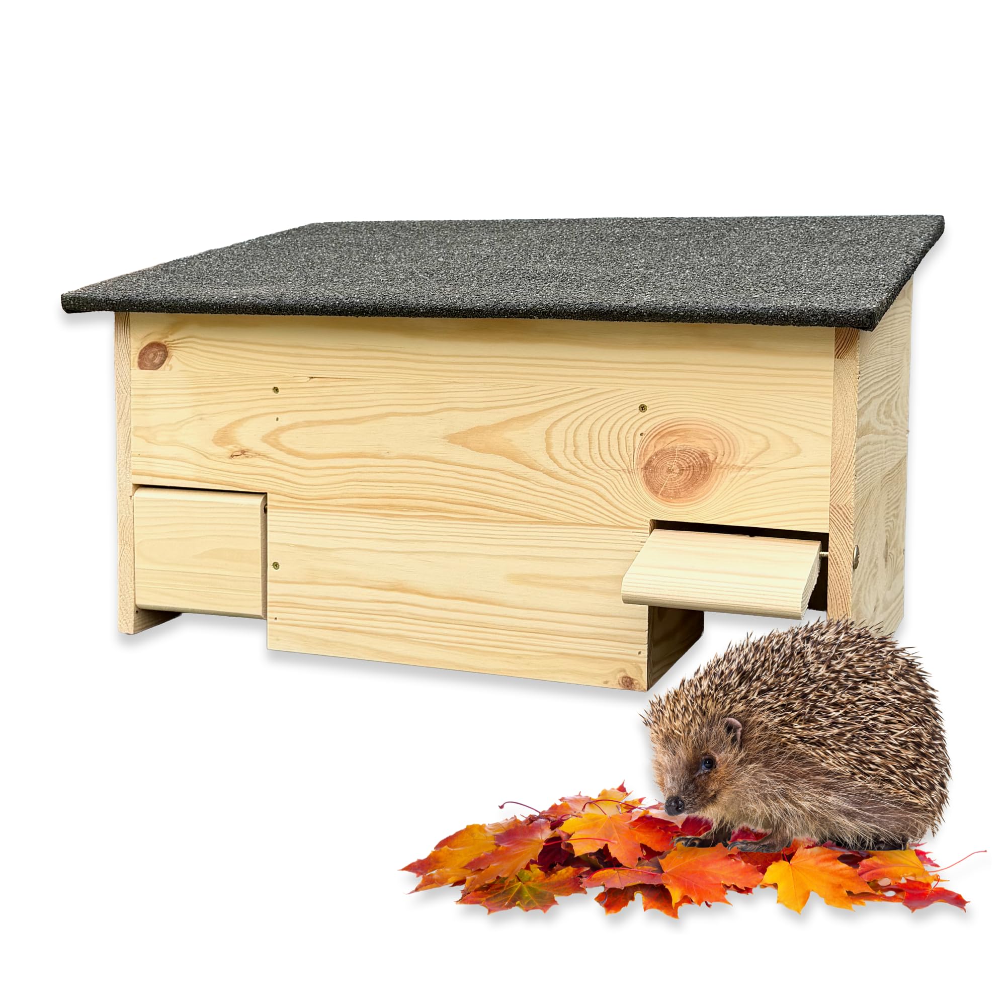 Igelfutterhaus mit Zwei Eingängen und Rattenklappen, Winterfest, Katzensicher, aus zertifiziertem Holz, produziert in Deutschland