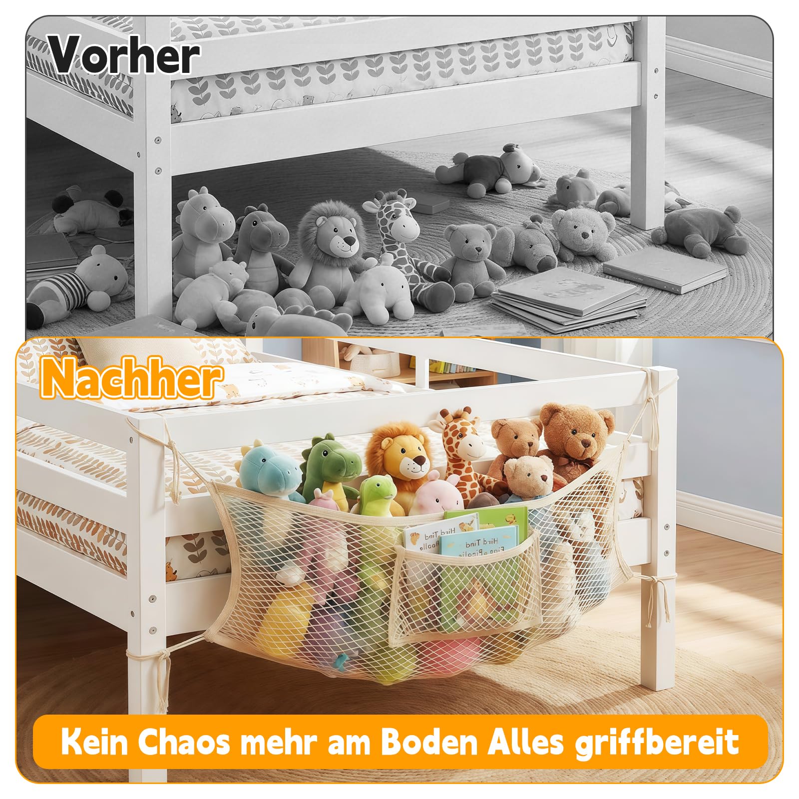 Meetory Rete per animali di peluche – 2 pezzi sul lato del letto, organizer in tessuto Boho macramè, da appendere, in cotone elastico, per cameretta dei bambini, camera da letto