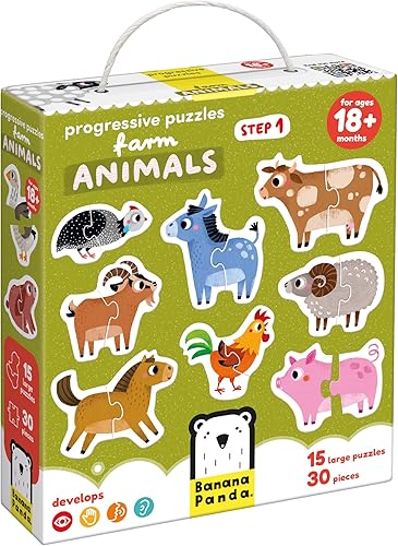 Banana Panda Rompecabezas progresivos - Animales de granja - Incluye 15 rompecabezas de 2 piezas para principiantes, 30 piezas en total - para niños